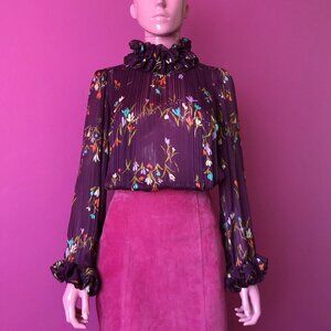 Vintage 70s S Ruffle Blouse Satin Chiffon Purple Floral Pleated Semi-Sheer Top